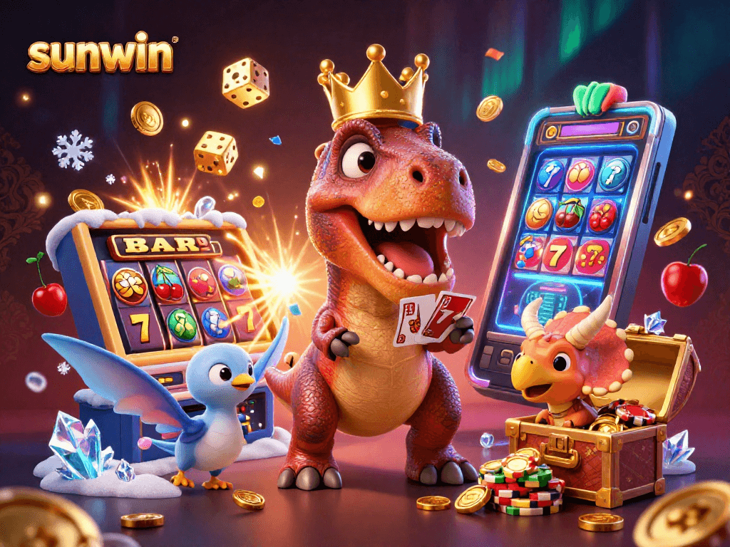 Experience the thrill of sunwin with a friendly T-Rex and casino elements in a vibrant setting.