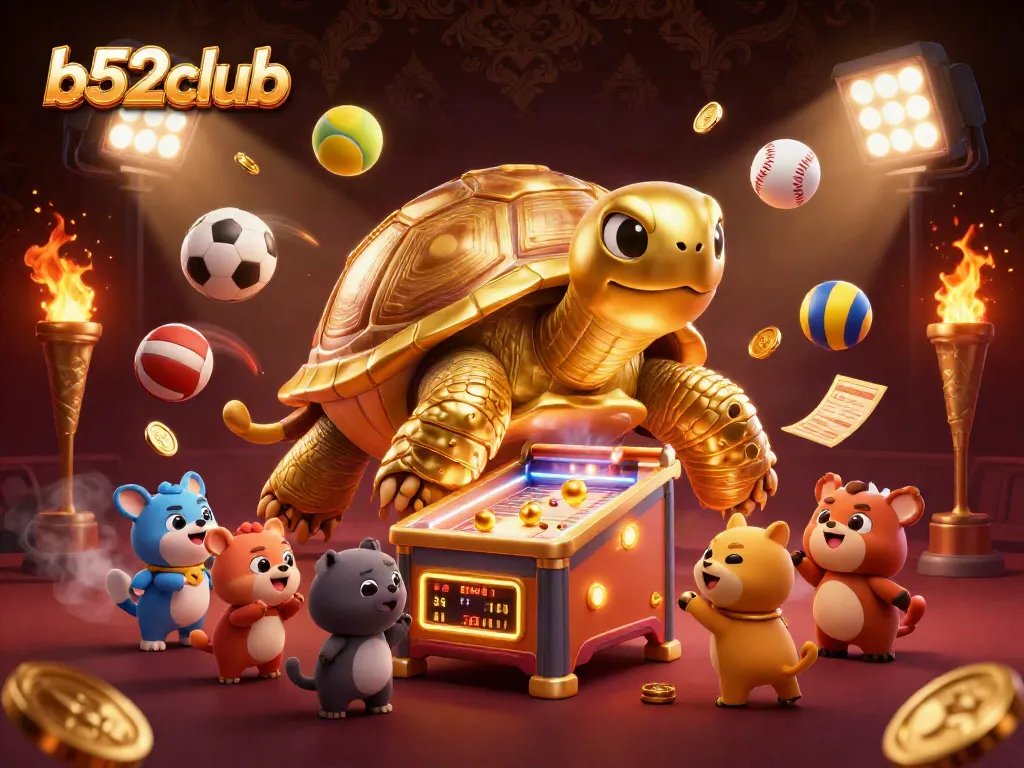 Engage with lively games at b52club featuring adorable animals playing with a golden tortoise pinball machine.