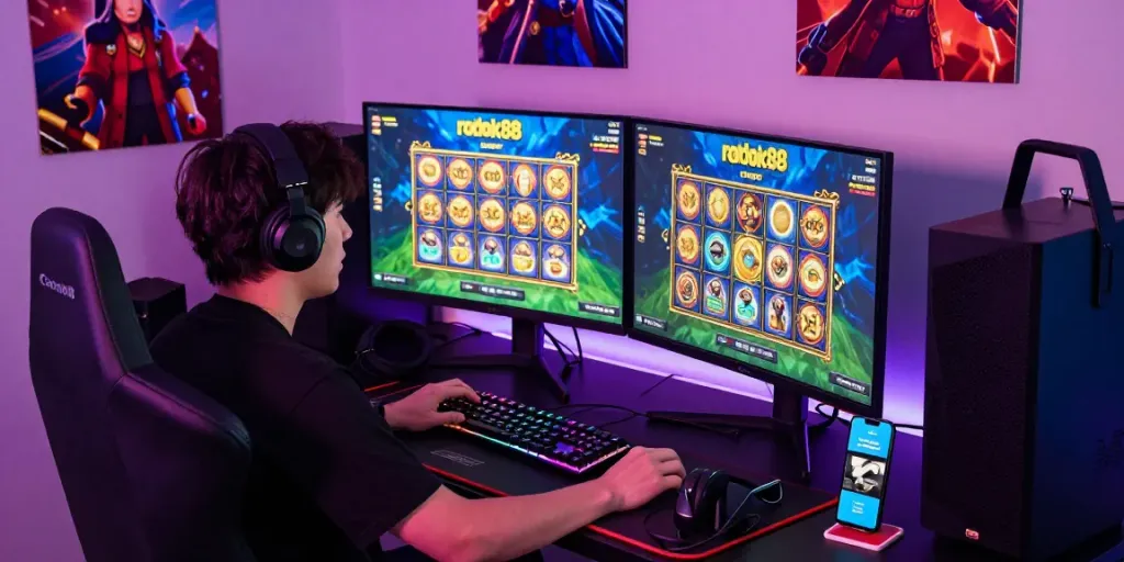 Gamer engaging with rokok88 super slot game on dual monitors, surrounded by gaming gear in an energetic setup.