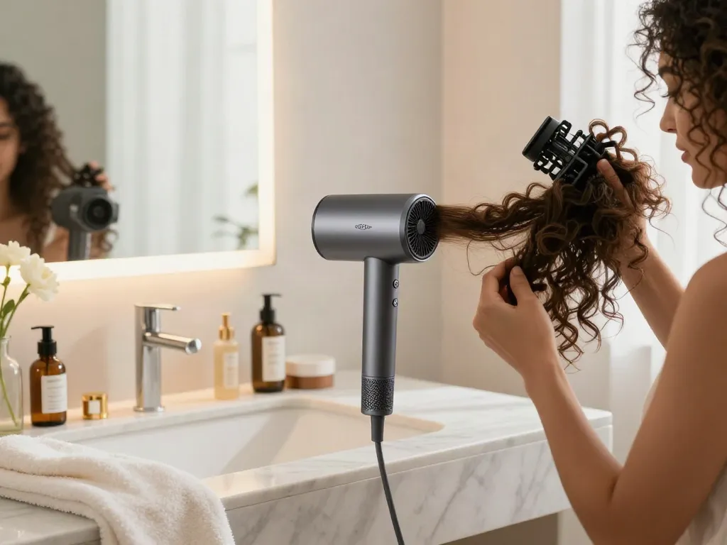 Der Föhn mit Diffusor in einem modernen Bad, ideal für lockige Frisuren.