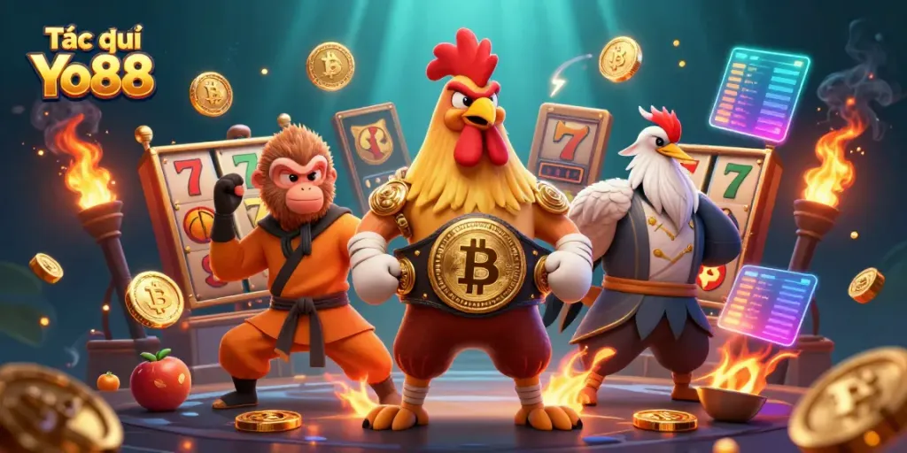 Tác giả Yo88 features a vibrant online casino scene with dynamic characters and engaging game elements.