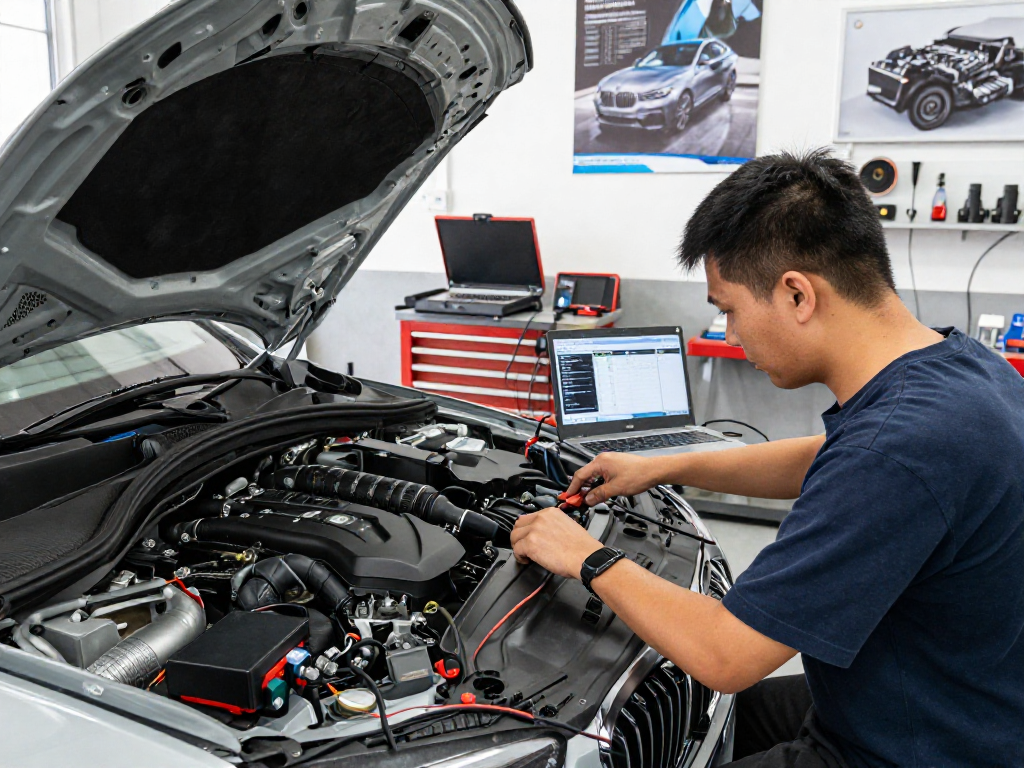 Professionelle Chiptuning-Dienste in Hannover bei BMW, Techniker arbeitet am Motor mit modernem Equipment.