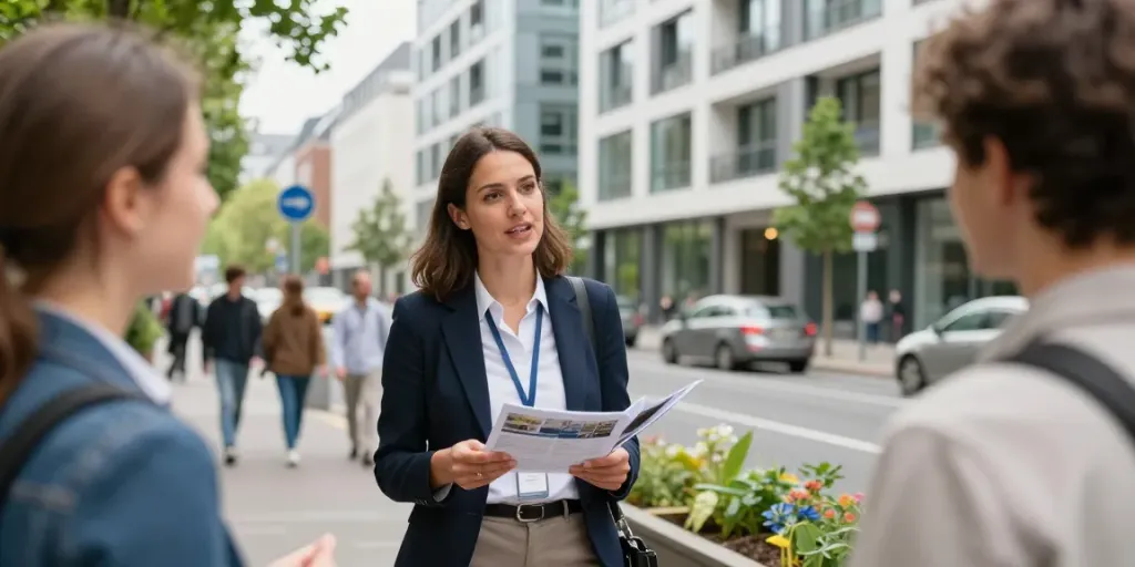 Bester Immobilienmakler Frankfurt berät Kunden vor modernem Apartmentgebäude in Frankfurt.