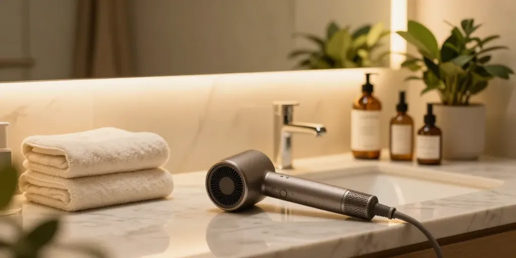 Stylischer Ionenföhn auf Marmortisch im luxuriösen Badezimmer mit Pflegeprodukten.
