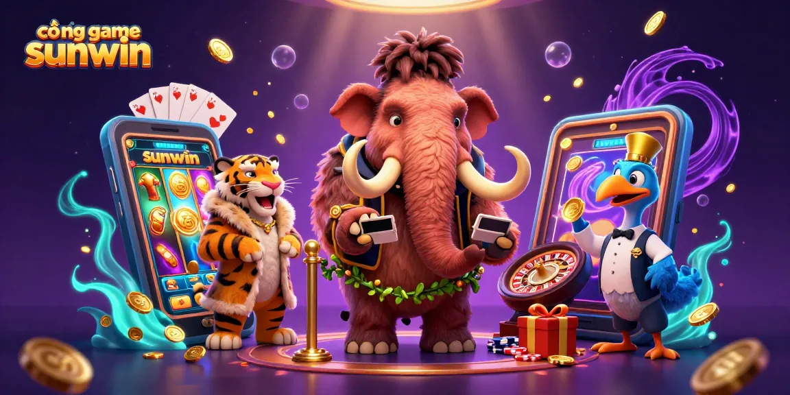 Win big with cổng game sunwin featuring a mammoth bouncer, VIP tiger, and dodo doorman in a colorful casino scene.