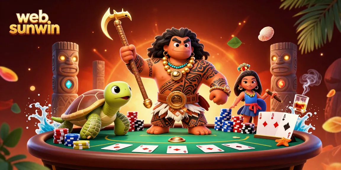 Engage with web sunwin in this vibrant 3D casino scene filled with poker action and tropical elements.