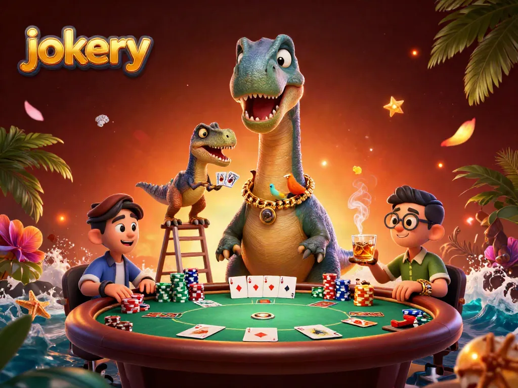 Experience the thrill of jokery as a giant brontosaurus observes an exciting poker game below.