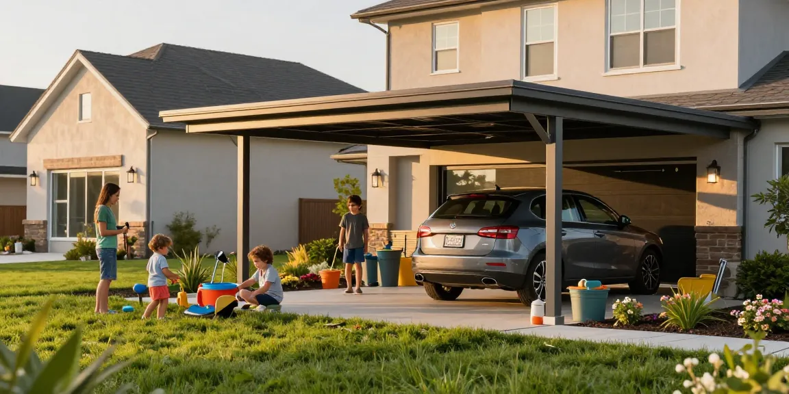Moderne Carport-Installation mit Familie, die im Garten spielt, unter strahlendem Sonnenlicht.