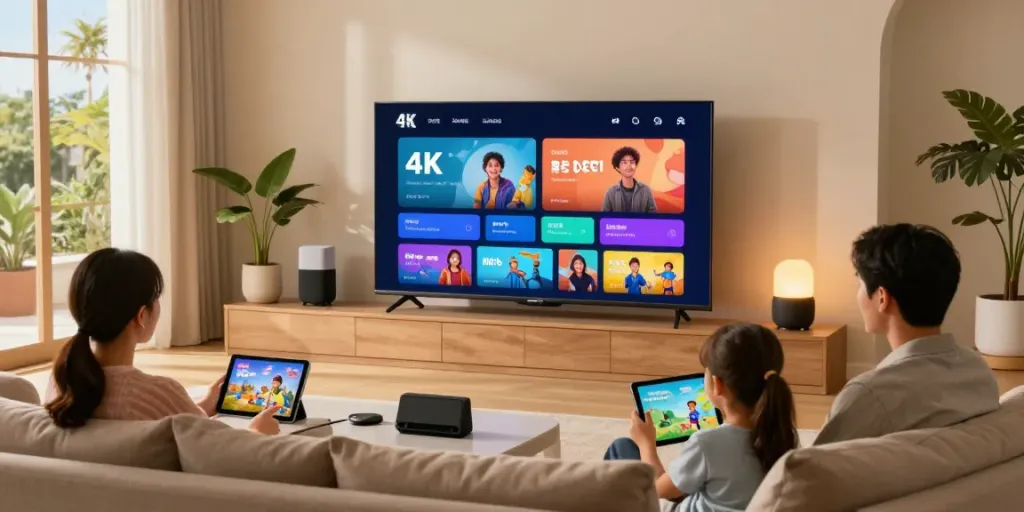 Family streaming 4K content on upip-tv in a cozy living room.