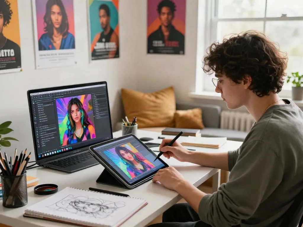 Adult artist creating vibrant 18+ ai digital art in a cozy workspace.