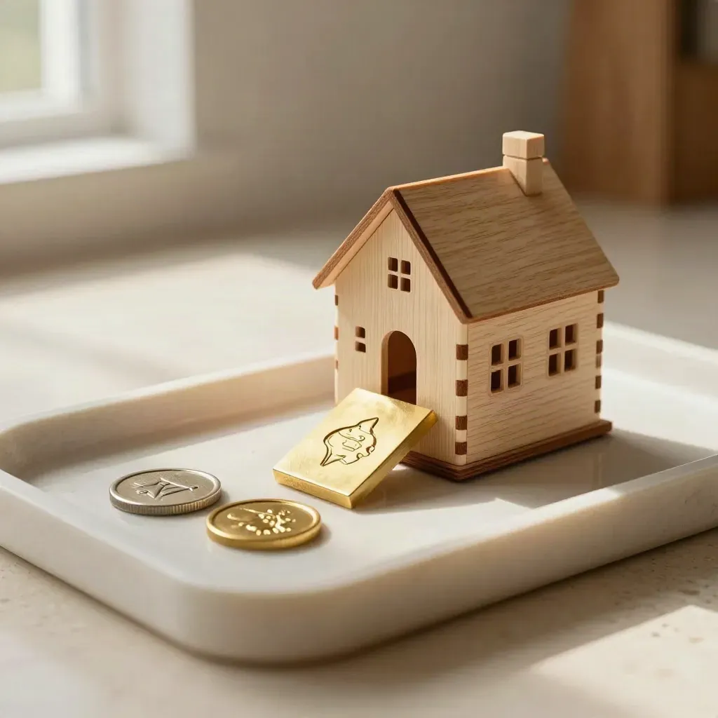 Goldstempel, Hausmodell und zwei Fördertokens in hellem Steintrog