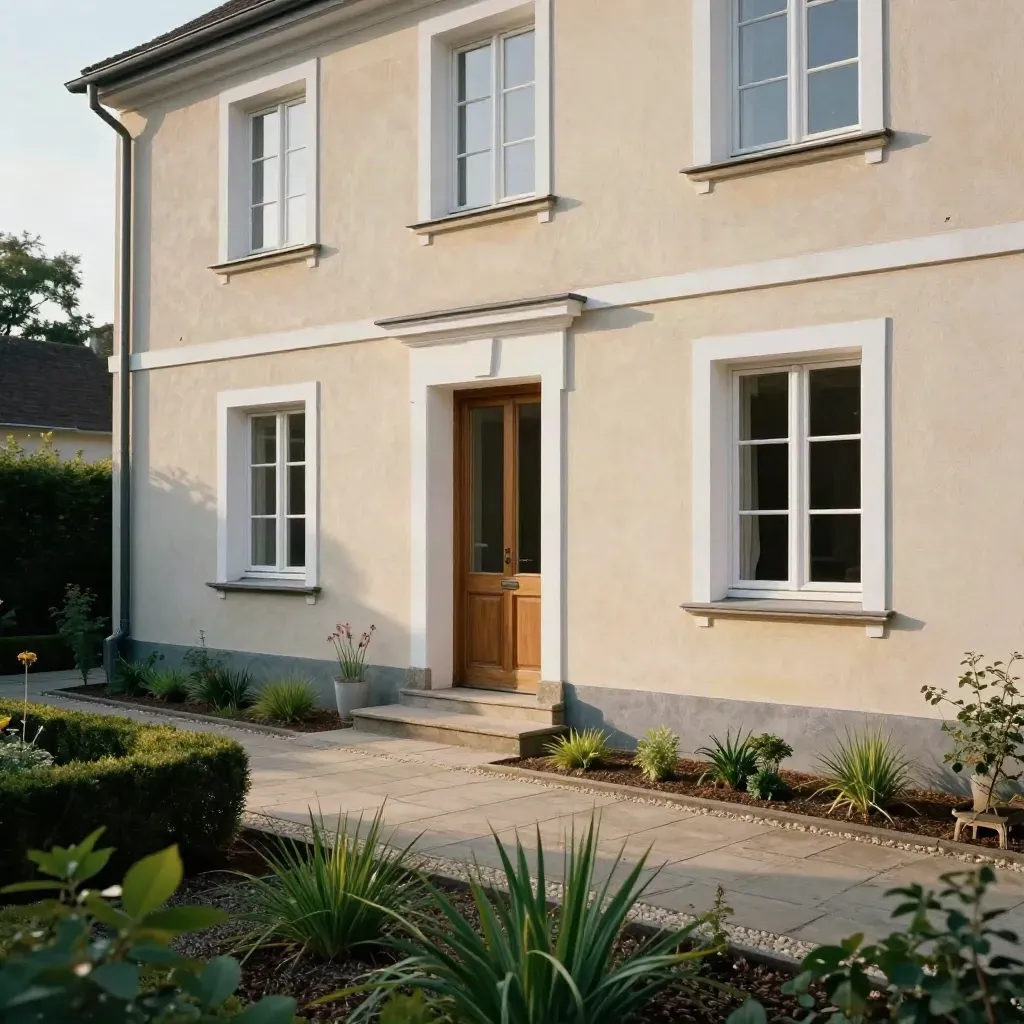 Sanierter Altbau mit neuen Fenstern und gepflegtem Vorgarten im warmen Nachmittagslicht.