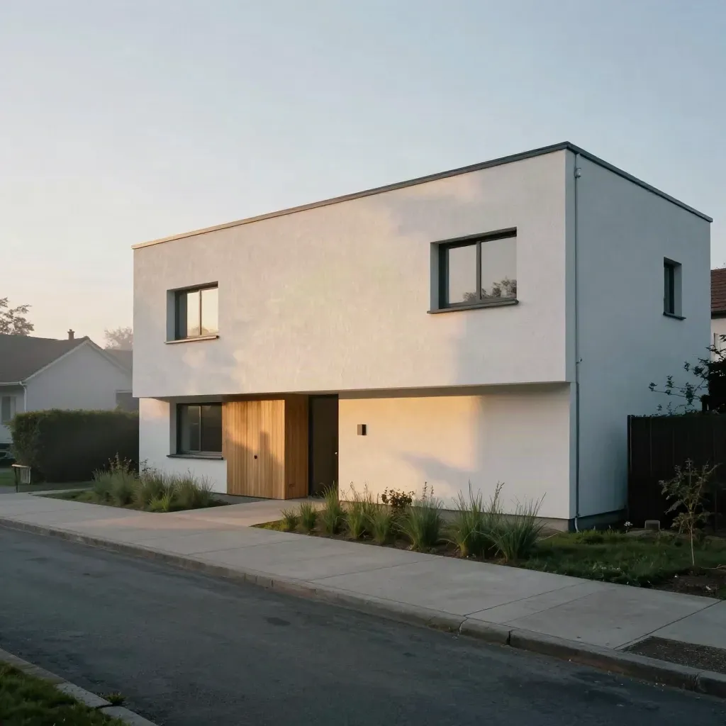 Fertiges Neubauhaus mit glatter Fassade, jungen Gräsern und Einfahrt im Abendlicht.