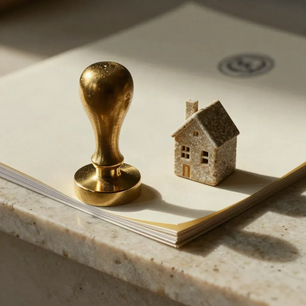 Goldener Prägestempel, kleine Hausfigur und cremefarbene Fördermappe auf Travertin.