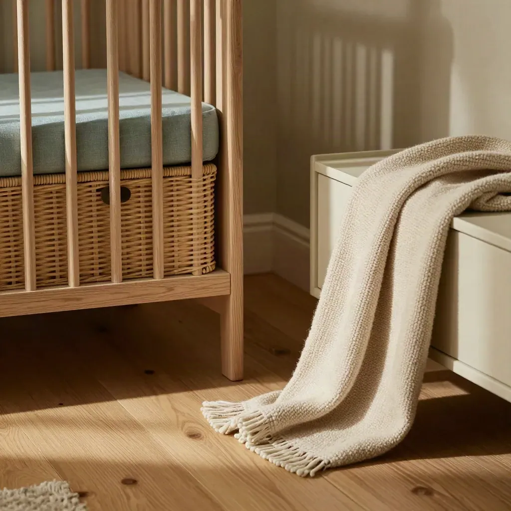 Detail eines kompakten Familienwohnraums mit Kinderbett, Spielkiste und Sideboard in ruhigem Licht.