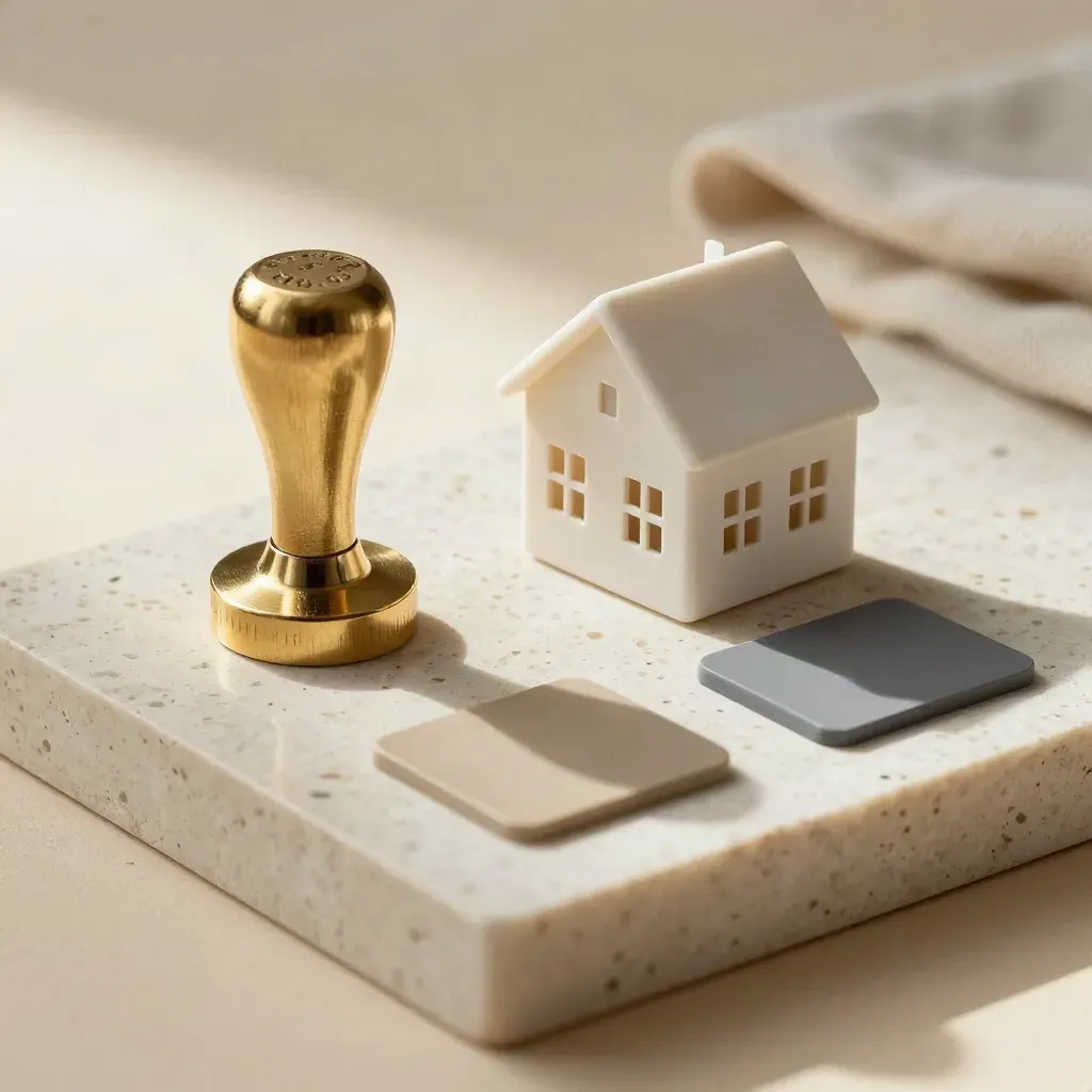 Goldener Förderstempel neben Hausmodell auf Steintray, neutral und minimalistisch.