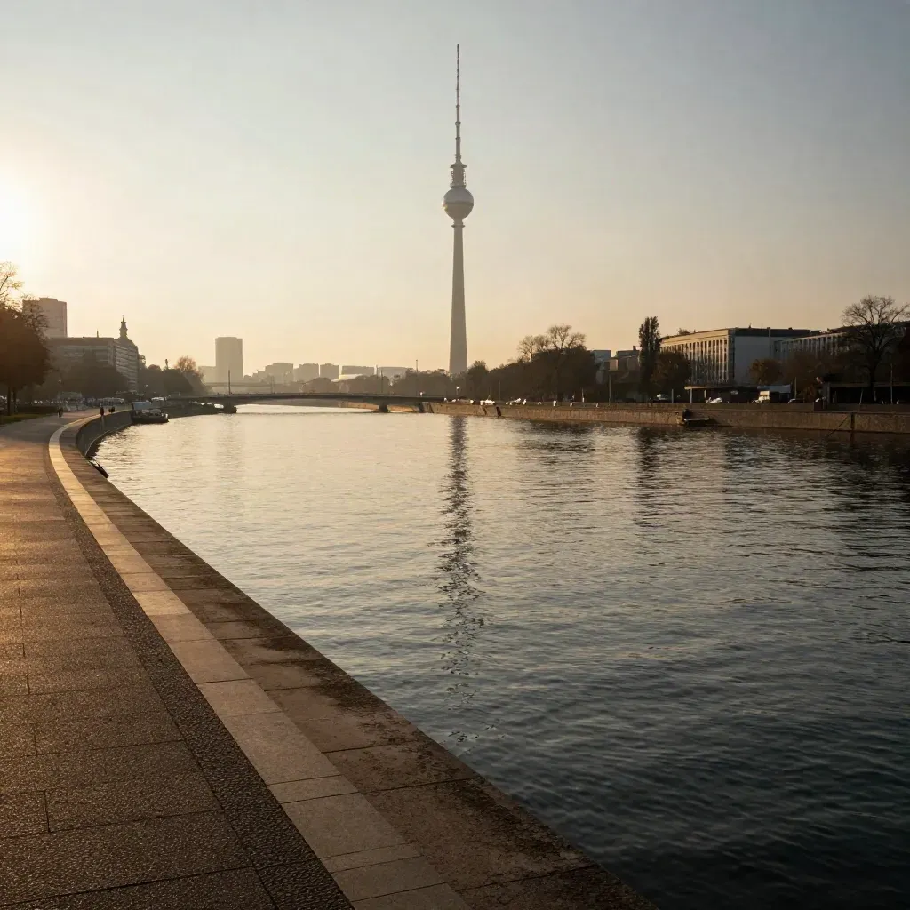 Berliner Skyline mit Fernsehturm über der Spree im warmen Dämmerlicht.