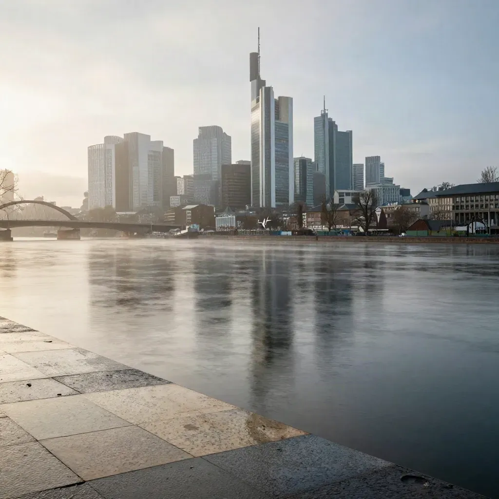 Frankfurter Skyline im Morgennebel über dem Main mit ruhigem Wasser und feuchtem Ufer