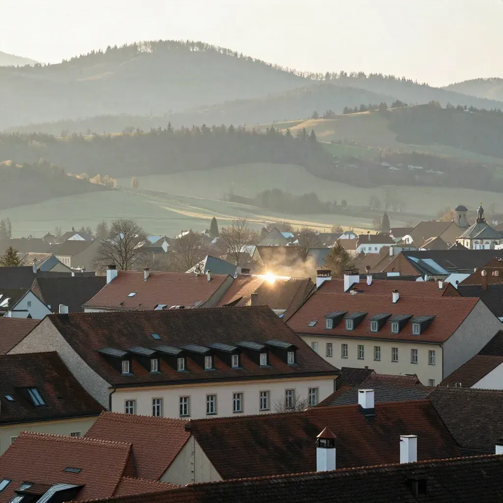 Münchner Dächer im Dunst, Alpenkante hoch im Bild, warmes Licht über den Voralpen.
