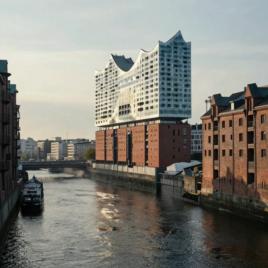 Speicherstadt und Elbphilharmonie im warmen Abenddunst über ruhigen Kanälen.