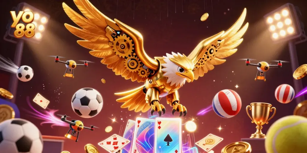 Experience thrilling gameplay with yo 88 as the golden eagle dives through holographic cards and dynamic sports elements.