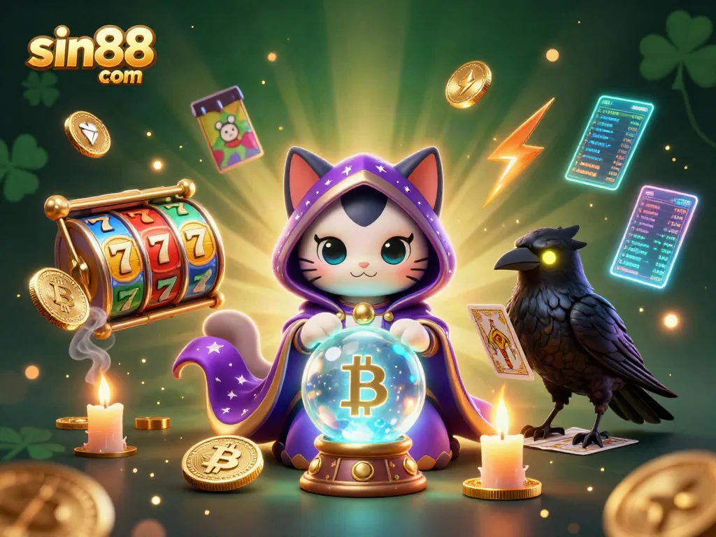 Spin the reels at sin88 com with a mystical cat, crypto coins, and vibrant slot elements!