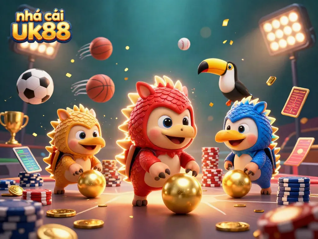 Engaging scene of nhà cái uk88 with rival pangolins rolling through golden poker chips in a vibrant casino setting.
