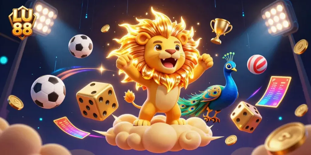Engage with LU 88's thrilling gaming experience, showcased through a vibrant 3D casino scene filled with action.