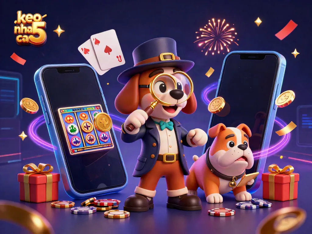 Experience keo nha cai 5 with the detective bloodhound and his bulldog companion as they uncover treasure in a colorful gaming scene.