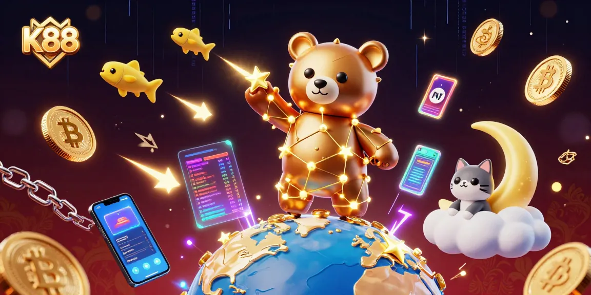 K88 showcases a captivating 3D casino scene with golden coins and crypto elements in motion.