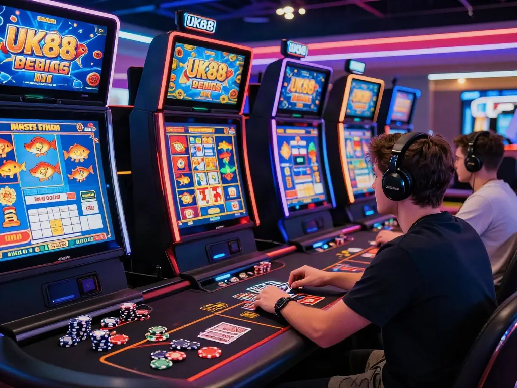 Engaged player at UK88 online gaming table, showcasing excitement and vibrant casino atmosphere.