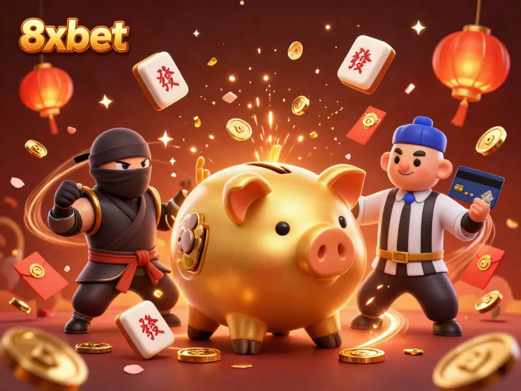 8xbet features a golden piggy bank wrestler, ninja, and samurai in a vibrant casino scene filled with festive elements.
