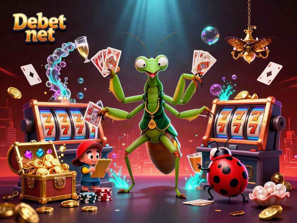 Engage in thrilling gameplay with Debet net as a giant mantis card sharp and ladybug pit boss create a vibrant casino scene.