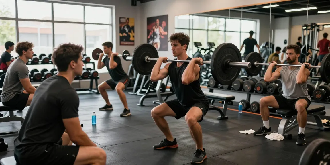 Akra Labs Steroid Shop mit Athlet, der Gewichtheben demonstriert und Trainees motiviert, moderne Fitnessstudio-Umgebung.