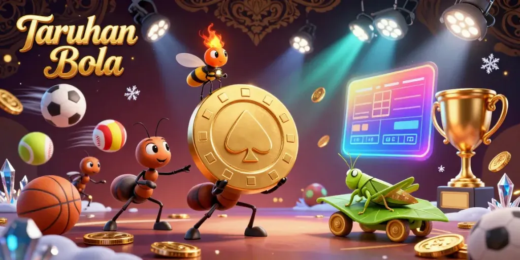 Ants heist in sports betting scene with golden poker chip and 3D sports balls, showcasing Taruhan Bola.