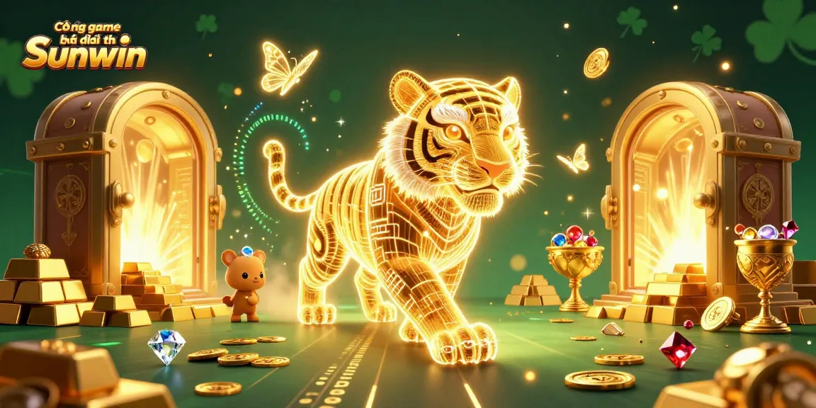 Cổng game bài đổi thưởng Sunwin showcases a vibrant 3D casino scene with a neon-wireframe golden tiger and treasures.