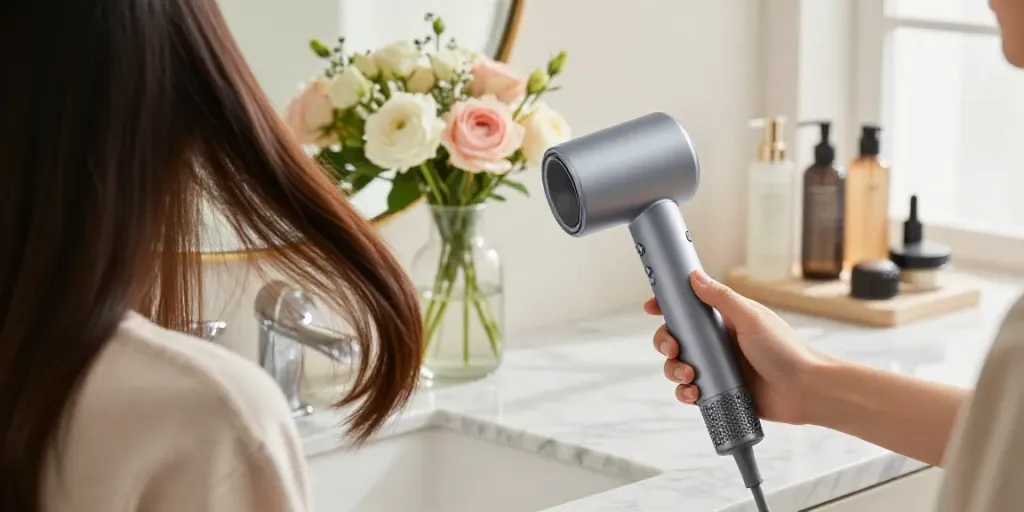 Der Laifen Air Pro Haartrockner präsentiert sich stilvoll in einem modernen Badezimmer mit frisiertem Haar und luxuriösen Accessoires.