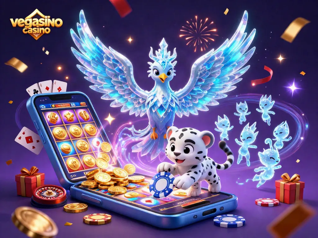 Engage with vegasino casino's vibrant gaming world featuring a colorful slot game showcase.