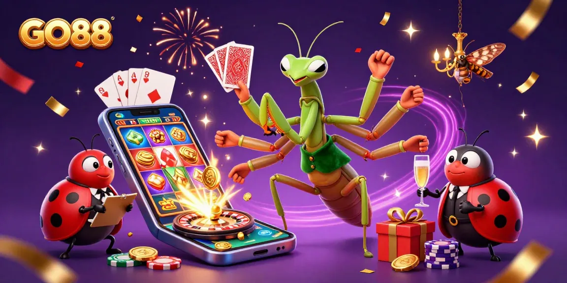 GO88 casino illustration featuring a giant mantis and ladybug characters amidst dynamic gaming elements.