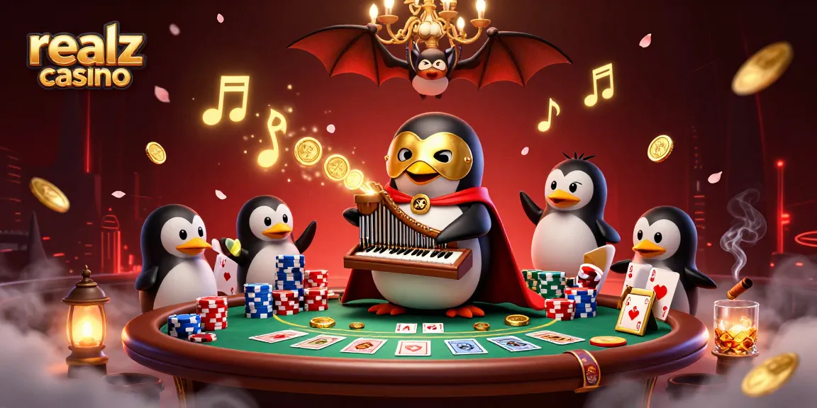 Engage at realz casino with a thrilling 3D illustration of a penguin playing an organ while golden coins fly.