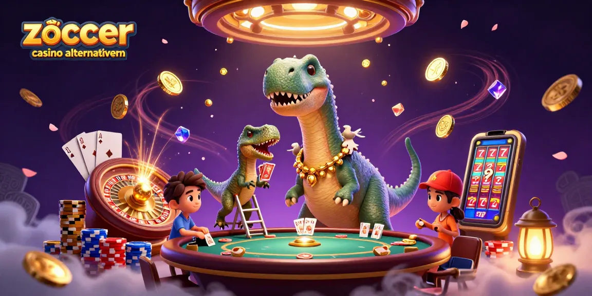 Spiele im Zoccer Casino Alternativen mit dem Brontosaurus, Raptor und glitzernden Münzen.